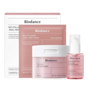 imageBIODANCE Collagen Pink Glow Trio Collagen Real Deep Mask ampamp Toner Pads ampamp Peptide Serum for Plumping Hydration Firming Korean Skincare Christmas gift Stocking Stuffers